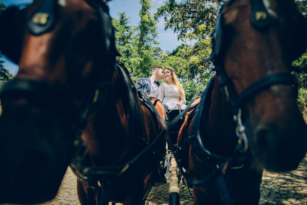 Elopement Casamento Sintra-Lisboa Noivos abraçados em cima de uma charrete
