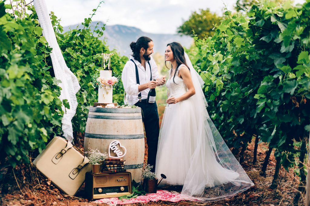 elopement boho quinta de alcube noivos brindando no vinhedo