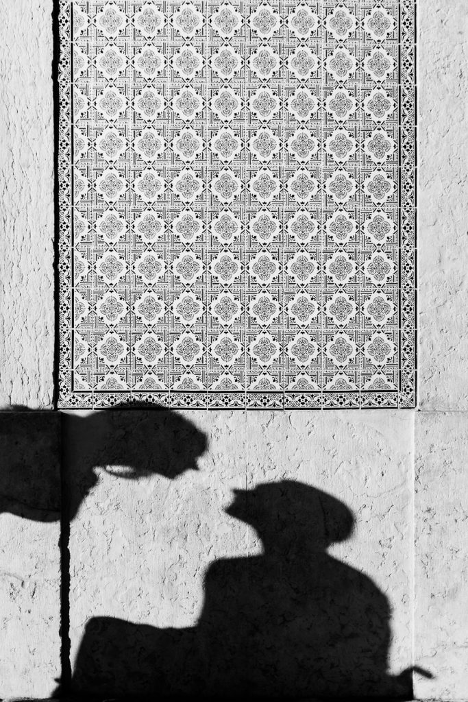 foto preto e branca da sombra e dos noivos se beijando